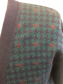 Mens, Cardigan Sweater, TRICOTS ST RAPHAEL, Navy Blue, Green, Red, Wool, Houndstooth, 40, Medium, 6 Buttons, Solid Navy Edge Detail