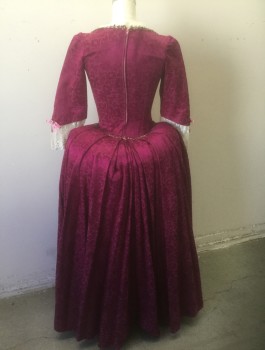 Womens, Historical Fiction Dress, N/L MTO, Magenta Pink, Bubble Gum Pink, Gold, White, Black, Polyester, Floral, W:24, B:32, Magenta Brocade with Bubblegum Floral Satin "Stomacher" and "Underskirt", 3/4 Sleeves, Square Neck, White Lace Trim at Neckline and Sleeves, Black and Gold Gimp Trim, Gold Ribbon with Scallopped Lace Near Hem, Center Back Zipper, 1700's Inspired Costume, Made To Order