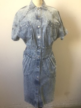 NOTORIOUS, Denim Blue, Cotton, Acid Wash, Short Sleeves, Silver Snap Front, Collar Attached, Padded Shoulders, Silver Stud Details Throughout, 4 Pockets, Knee Length, Yoke at Waist,