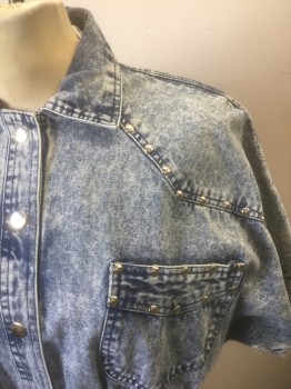 NOTORIOUS, Denim Blue, Cotton, Acid Wash, Short Sleeves, Silver Snap Front, Collar Attached, Padded Shoulders, Silver Stud Details Throughout, 4 Pockets, Knee Length, Yoke at Waist,