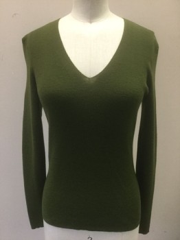 Womens, Pullover, ANN TAYLOR, Olive Green, Wool, Solid, XS, Lightweight Knit, Long Sleeves, V-neck, Form Fitting