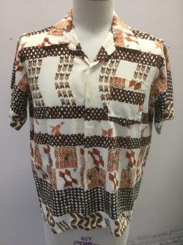 Mens, Hawaiian Shirt, PARADISE, Cream, Brown, Ochre Brown-Yellow, Rust Orange, Cotton, Rayon, Geometric, XL, Tiki Pattern, Short Sleeve Button Front, Collar Attached, 1 Patch Pocket