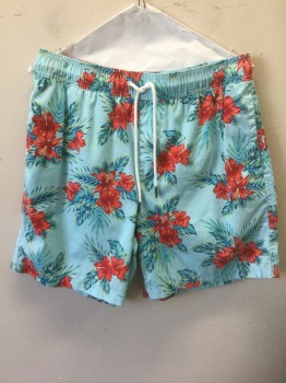 Mens, Swim Trunks, GOODTHREADS, Lt Blue, Cherry Red, Red, Blue, Lt Yellow, Polyester, Nylon, Floral, Tropical , M, White Cord Drawstring at Waist, 3 Pockets, 7" Inseam