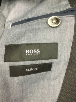 Mens, Sportcoat/Blazer, BOSS, Charcoal Gray, Cotton, Solid, 40R, Single Breasted, 2 Buttons,  3 Pockets, Notched Lapel with Top Stitching, Fitted/Slim Fit,