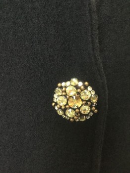 JONES NEW YORK, Black, Chartreuse Green, Wool, Solid, Solid Black Dense Knit, Chartreuse and Silver Circular Brooch with Hidden Snap Closure at Center Front, Long Sleeves, V-neck