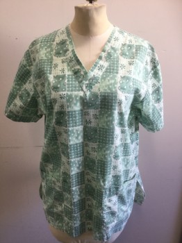 DENVER HAYES, Dusty Green, Mint Green, Cream, Poly/Cotton, Floral, Geometric, V-neck, Short Sleeves, 2 Pockets, Checker Board of Floral and Plaid