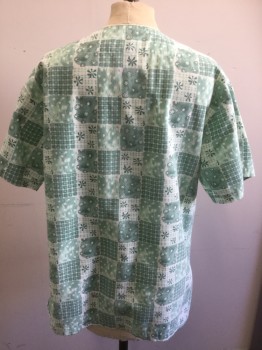 DENVER HAYES, Dusty Green, Mint Green, Cream, Poly/Cotton, Floral, Geometric, V-neck, Short Sleeves, 2 Pockets, Checker Board of Floral and Plaid