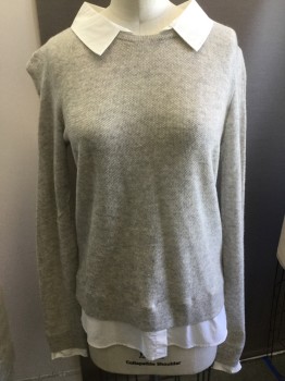 Womens, Pullover, JOIE, Oatmeal Brown, White, Wool, Cashmere, Solid, XXS, Crew Neck, White Cotton Collar Attached, Long Sleeves, White Faux Shirt Sewn to Hem