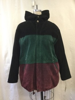 Womens, Casual Jacket, OUTBROOK, Black, Forest Green, Purple, Suede, Synthetic, Color Blocking, 2 X, Zip Front, Drawstring Bottom, 2 Zip Pockets, Hood