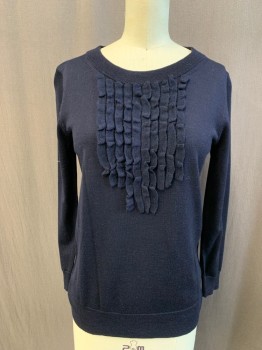 Womens, Pullover, J. CREW, Navy Blue, Wool, Solid, XS, Scoop Neck, Ribbed Knit Neck/Waistband/Cuff, Vertical Ruffle Strips at Center Front