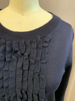 Womens, Pullover, J. CREW, Navy Blue, Wool, Solid, XS, Scoop Neck, Ribbed Knit Neck/Waistband/Cuff, Vertical Ruffle Strips at Center Front