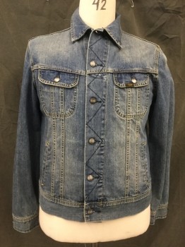Mens, Jean Jacket, LEE, Blue, Cotton, Solid, L, Button Front, Collar Attached, Yoke 4 Pockets, Button Cuff, Button Tabs at Back Waistband, Navy Zig-Zag Stitching Center Front