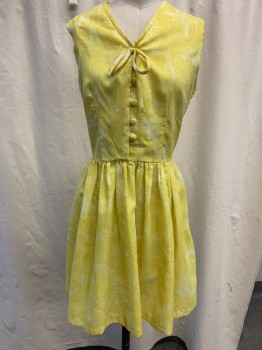 FOX63, Yellow, White, Rayon, Floral, V-neck, Button Front, Small Bow Over 1st Snap, A-Line, Pleated Skirt, Zip Side Knee Length