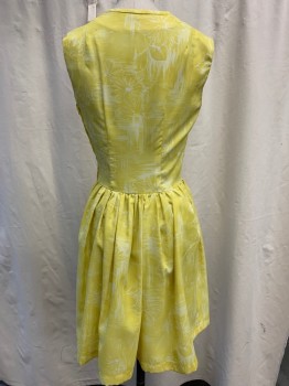 FOX63, Yellow, White, Rayon, Floral, V-neck, Button Front, Small Bow Over 1st Snap, A-Line, Pleated Skirt, Zip Side Knee Length