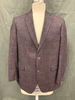 Mens, Sportcoat/Blazer, SAKS FIFTH AVENUE, Red Burgundy, Lt Blue, Black, Orange, Wool, Viscose, Tweed, 46L, Single Breasted, Collar Attached, Notched Lapel, 2 Buttons,  3 Pockets