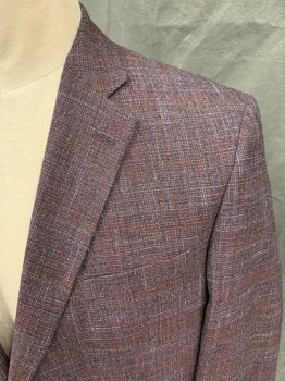 Mens, Sportcoat/Blazer, SAKS FIFTH AVENUE, Red Burgundy, Lt Blue, Black, Orange, Wool, Viscose, Tweed, 46L, Single Breasted, Collar Attached, Notched Lapel, 2 Buttons,  3 Pockets
