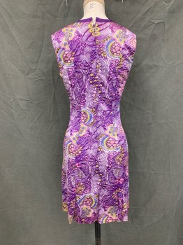 Womens, 1960s Vintage, Dress, N/L, Purple, White, Blue, Pink, Lt Green, Polyester, Abstract , W 25, B 32, Psychedelic Pattern, Solid Purple Braided Ribbon V-neck, Sleeveless, Zip Back, Hem Above Knee,