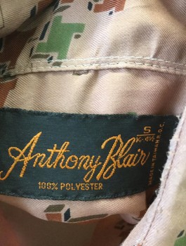 ANTHONY BLAIR, Lt Brown, Chestnut Brown, Olive Green, Gray, Polyester, Geometric, Short Sleeve Button Front, Collar Attached, 1 Patch Pocket,