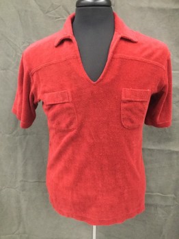 FOCUS BY PURITAN, Dk Red, Cotton, Solid, Velour, Short Sleeves, Open Slit Neck, Collar Attached, Yoke Front, 2 Pockets