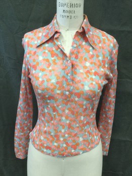 N/L, Blue-Gray, Pink, Orange, Coral Pink, White, Polyester, Nylon, Hearts, Heart Print on Diamond Mesh, Pointy Collar Attached, 1/2 Button Front, 3 Buttons (Missing Collar Button)