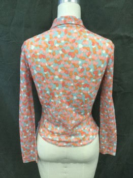 N/L, Blue-Gray, Pink, Orange, Coral Pink, White, Polyester, Nylon, Hearts, Heart Print on Diamond Mesh, Pointy Collar Attached, 1/2 Button Front, 3 Buttons (Missing Collar Button)