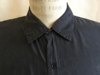 SURPRISE, Black, Silk, Solid, Collar Attached, Button Front, 2 Pockets, Long Sleeves, Side Split Hem