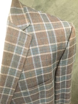 Mens, Sportcoat/Blazer, TED BAKER, Dk Brown, Lt Blue, Gray, Teal Green, Silk, Linen, Plaid, 52XL, Single Breasted, Collar Attached, Notched Lapel, 2 Buttons,  4 Pockets, 2 Buttons