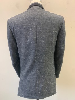 Mens, Sportcoat/Blazer, STACY ADAMS, Navy Blue, Off White, Black, Cotton, Speckled, 38R, Horizontally Streaked/Slubbed Pattern, Single Breasted, Notched Lapel with Button Tab on Left Side, 2 Buttons,  3 Patch Pockets with Button Flap Closures, Solid Black Accents on Lapel, Pockets & Cuffs, Black/Gray Striped Lining
