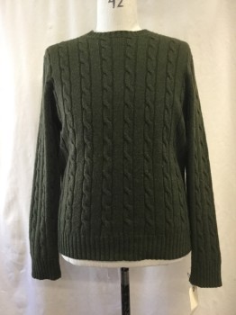 Mens, Pullover Sweater, MARTIN OSA, Olive Green, Nylon, Wool, Cable Knit, XL, Crew Neck,