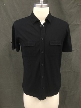 BOSS, Black, Cotton, Solid, Button Front, Collar Attached, Short Sleeves, 2 Flap Pockets, Stitched Tabs on Sleeves