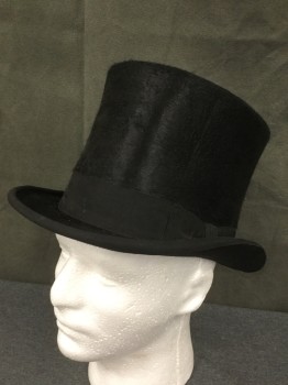 PIERONI BRUNO, Black, Fur, Top Hat, 1 1/2" Wide Faille Band and Edging at Brim, 6 1/2" Tall Crown, Rolled Side Brim