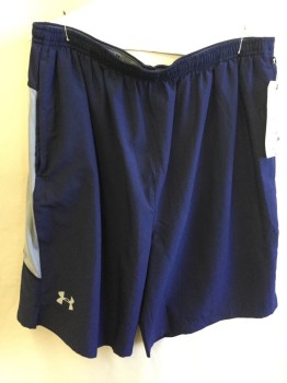 Mens, Shorts, UNDER ARMOUR, Navy Blue, Lt Gray, Polyester, Spandex, Color Blocking, L, Navy with Bold Gray Side Stripe, Athletic Running, Heat Gear, 2 Pockets, Elastic Waist