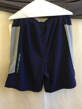 Mens, Shorts, UNDER ARMOUR, Navy Blue, Lt Gray, Polyester, Spandex, Color Blocking, L, Navy with Bold Gray Side Stripe, Athletic Running, Heat Gear, 2 Pockets, Elastic Waist