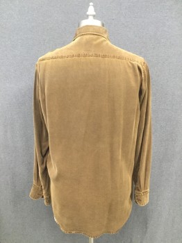 HAUPT, Brown, Lyocell, Solid, Horizontal Ribbed Woven, Looks Like Corduroy From Afar, Button Front, Collar Attached, Long Sleeves, 1 Pocket, Double