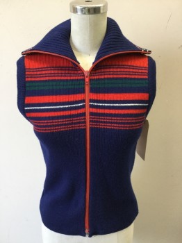 Womens, Vest, N/L, Navy Blue, Red, Green, White, Wool, Spandex, Stripes - Horizontal , S, Rib Knit, Zip Front, Can Be Worn As Turtleneck, or Collar Attached, Lined with Spandex