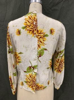 N/L, White, Yellow, Brown, Dk Brown, Green, Silk, Floral, Gathered at Neck, Button Back, Long Sleeves, Cuffs, *Shoulder Discoloration*