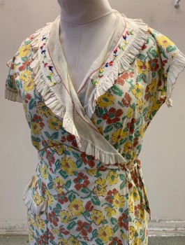N/L, Off White, Brown, Green, Yellow, Cotton, Floral, Wrap Dress, Cap Sleeves with White Ruffle, White Ruffled Shawl Lapel with Multicolor Embroidery, Pointed Waist Seam, Below Knee Length, *Mended on Collar, Great Depression