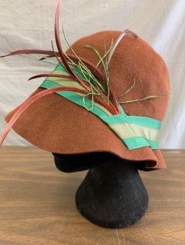 Womens, Hat, N/L MTO, Brown, Green, Wool, Feathers, Felt Cloche, Green & Olive Grosgrain Band, Dark Red and Green Ostrich Feather Plume, Made To Order Reproduction