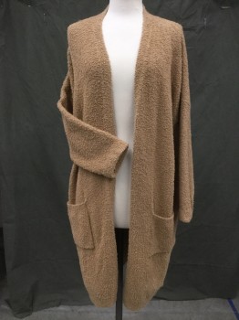 Womens, Sweater, EILEEN FISHER, Camel Brown, Cotton, Polyamide, Solid, XL, Boucle Knit, Long Sleeves, Open at Front, 2 Pockets, Knee Length