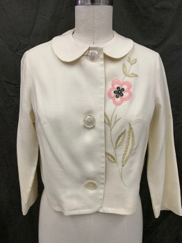 Womens, Jacket, PERSONAL, White, Silk, Solid, W 28, B 38, Single Breasted, 3 Cream Buttons, Peter Pan Collar, Long Sleeves, Pink/Light Olive/Green Flower Embroidery