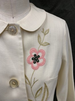 Womens, Jacket, PERSONAL, White, Silk, Solid, W 28, B 38, Single Breasted, 3 Cream Buttons, Peter Pan Collar, Long Sleeves, Pink/Light Olive/Green Flower Embroidery