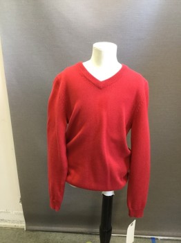 BROOKS BROS, Red, Cotton, Solid, Long Sleeves, V-neck, Pullover,