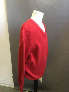 BROOKS BROS, Red, Cotton, Solid, Long Sleeves, V-neck, Pullover,