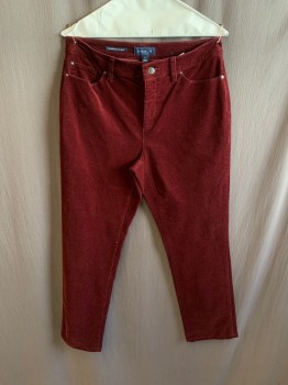 Womens, Pants, CHARTER CLUB, Red Burgundy, Cotton, Spandex, Solid, I26.5, W30, 5 Pockets, Zip Fly, Button Closure, Straight Leg, Corduroy, Belt Loops