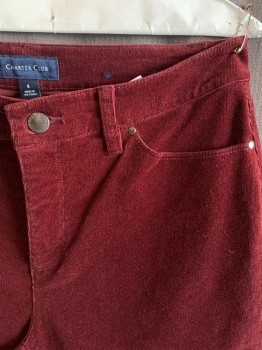 CHARTER CLUB, Red Burgundy, Cotton, Spandex, Solid, 5 Pockets, Zip Fly, Button Closure, Straight Leg, Corduroy, Belt Loops