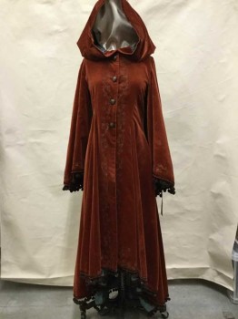 Womens, Historical Fiction Coat, MTO, Rust Orange, Lt Blue, Chocolate Brown, Cotton, Polyester, Solid, Floral, B:33, Velveteen Cloak With Flared Sleeves And Asymmetrical Hemline.  Dark Brown Pompom Fringe, Hook & Eyes, With Faux Buttons On Front, Fully Lined. Vented Armpits, Multiples