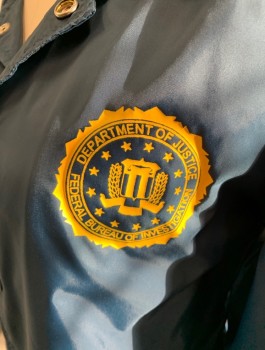 Womens, Jacket, Cardinal, Navy Blue, Nylon, Polyester, Solid, S, FBI Jacket, Button Front, Snap Buttons, Collar Attached, "FBI" on Back and Both Arms in Yellow