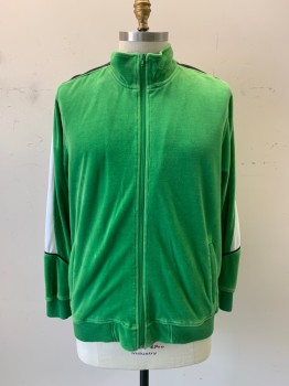 Mens, Sweatsuit Jacket, SWEATSEDO, Green, Poly/Cotton, XL, Velour, Black & White Color Block on Shoulder & Sleeve, Black Piping, Stand Collar, Zip Front, L/S, Rib Knit Collar, Waist, & Cuffs