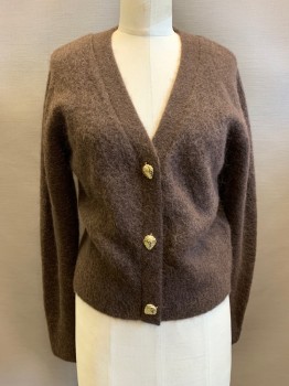 Womens, Cardigan Sweater, AND OTHER STORIES, Dk Brown, Wool, Mohair, Solid, S, Gold Strawberry Buttons on Top of Snaps,