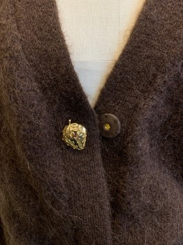 Womens, Cardigan Sweater, AND OTHER STORIES, Dk Brown, Wool, Mohair, Solid, S, Gold Strawberry Buttons on Top of Snaps,